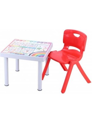 Sağlam Plastik Mandella Rubi İngilizce  Desenli Çocuk Masası 1 Adet Nova Büyük Çocuk Koltuk Kırmızı