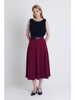 Bordo Kemerli A Kesim Midi Etek 4806A