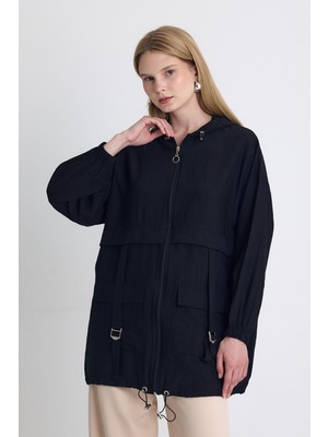 Siyah Kapüşonlu Cepli Fermuarlı Kap 4572A