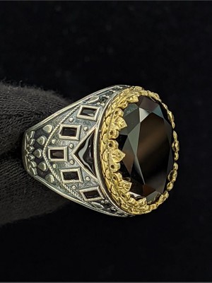 Siyah Mineli Zirkon Oval Taşlı 925 Ayar Erkek Gümüş Yüzük