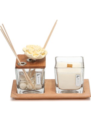 Missi Masif Ahşap Tepsili 250 ml Dekorlu Ahşap Kapaklı Amber Çiçeği Oda Kokusu ve Vegan Mum