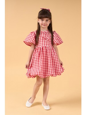 Kız Çocuk Pötikare Desenli Tokalı Yazlık Balon Elbise