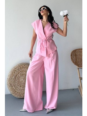 Kadın Ikili Alt Üst Takım Bağcıklı Bol Kesim Dökümlü Yazlık Kısa Kollu Kimono Ceket Palazzo Pantolon Takım