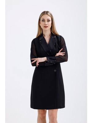 Pul Payet Detaylı Abiye Ceket Elbise | ELB36108 Siyah