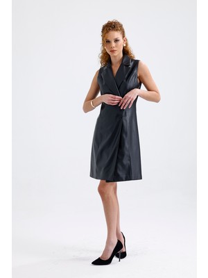 Suni Deri Astarlı Kruvaze Ceket Elbise ELB35943 Siyah