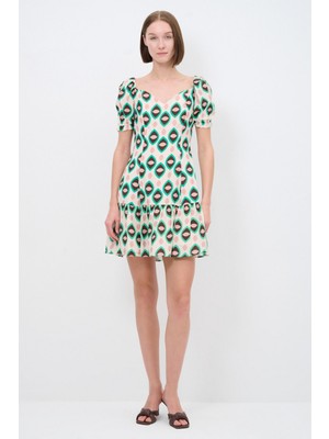 adL Kalp Yaka Balon Kol  Desenli Mini Elbise