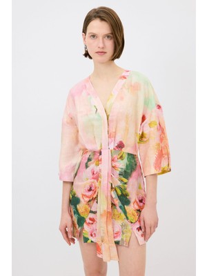 adL V Yaka Bağlamalı Desenli Elbise