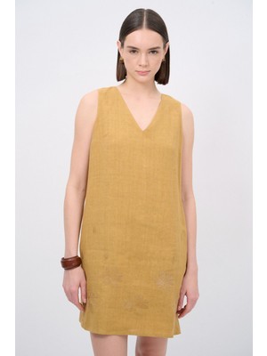 Love My Body V Yaka Keten Elbise