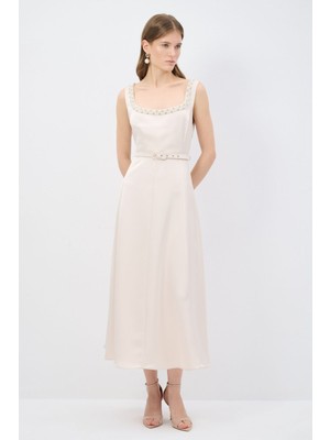 adL Taş Detaylı Kemerli Elbise