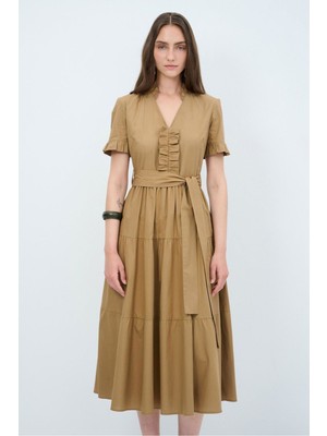 adL Volan Detaylı Midi Elbise