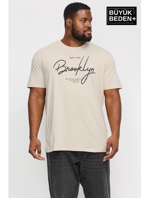 Süperlife Erkek Büyük Beden El Yazılı Brooklyn Baskılı Bisiklet Yaka Tshırt SPR25BTS12