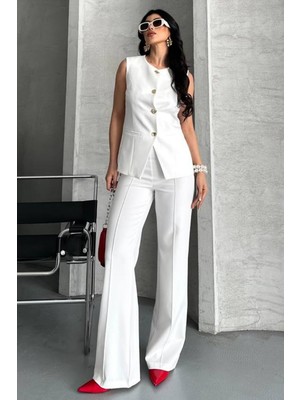 Kadın Ikili Alt Üst Takım Şık Düğme Detaylı Bisiklet Yaka Regular Yelek Pantolon Takım