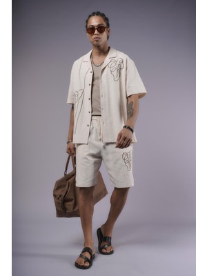 Nakış Detaylı Pamuk Keten Şort Takım