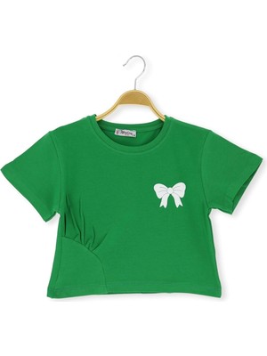Fiyonklu Baskılı 36/1 Kompak Crop Kız Tshirt Yeşil