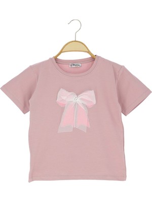 Taşlı Fiyonk Baskılı 36/1 Kompak Kız Tshirt Gül Kurusu