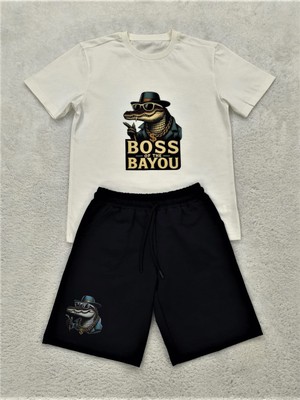 Patron Timsah Baskılı Pamuklu Kısa Kollu Erkek Çocuk Şortlu Takım