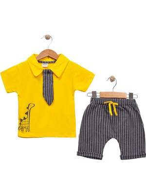 Wow Kravatlı Dinazorlu Sortlu Erkek Takım Sarı