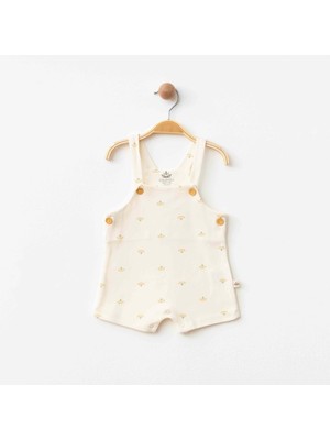 Çiçekli Askılı Kısa Salopet Ekru