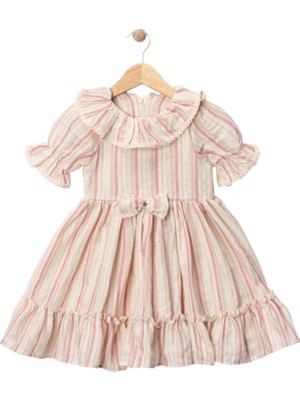 Müslin Çizgili Fiyonk Elbise Pembe