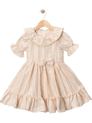 Müslin Çizgili Fiyonk Elbise Somon