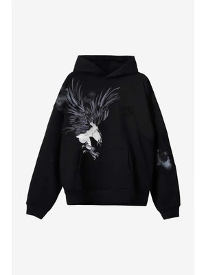 Midnight Hawk Hoodie - Siyah Organik Pamuk Kapşonlu Üst