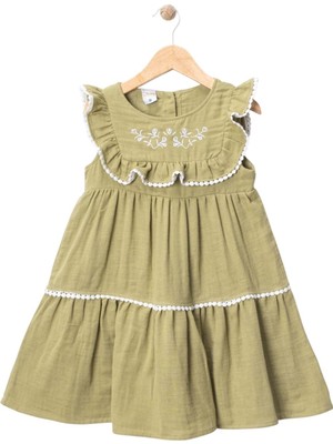 Robası Nakışlı Müslin Elbise Yeşil