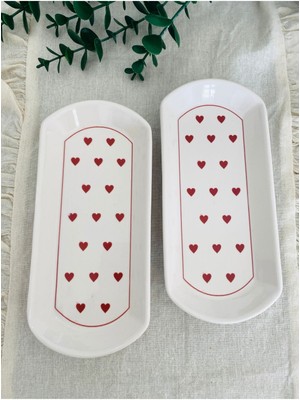 Love Kırmızı Kalp 2 Adet Oval Tabak