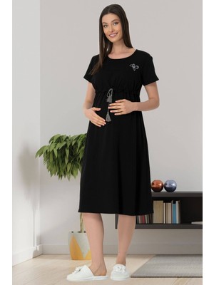 Mecit 5427 Siyah Emzirme Özellikli Hamile Lohusa Elbise