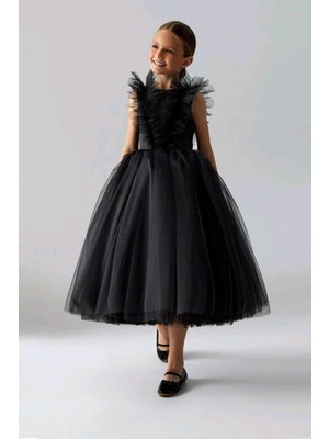 Palma Kız Çocuk Abiye -  Sırtı V Önü Büzgü Fırfır Detaylı Çocuk Mezuniyet Elbisesi, Gösteri Elbisesi