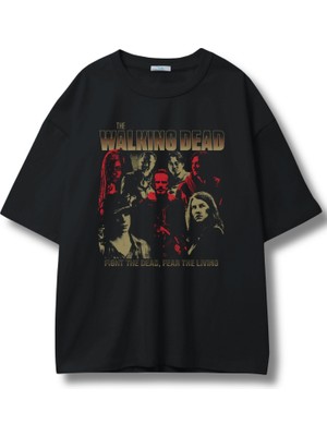 Unisex The Walking Dead Yazılı Tişört, Oversize Seri Dizi Baskılı Bisiklet Yaka T-Shirt
