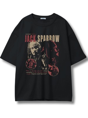 Unisex Jack Sparrow Yazılı Tişört, Oversize Johnny Depp Baskılı Bisiklet Yaka T-Shirt