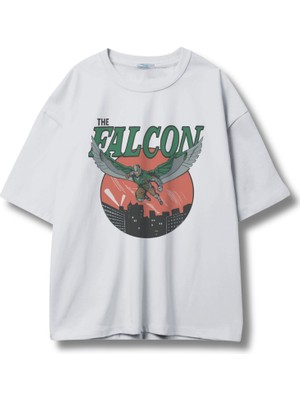 Unisex The Falcon Baskılı Tişört, Oversize Dizi Temalı Bisiklet Yaka T-Shirt