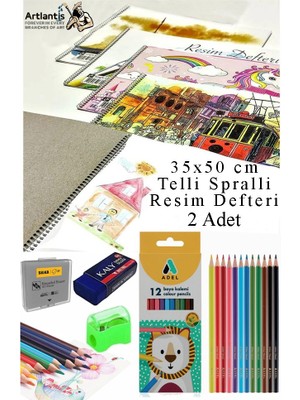 12 Renk Adel Kuru Boya 35X50 cm Telli Spralli Resim Defteri Hamur Silgi Kalemtraş 15 Yaprak Resim Defteri Kuruboya Kalem