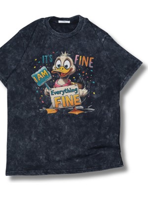Unisex I Am Fine Everything Fine Yazılı Yıkamalı T-Shirt,oversize Komik Ördek Temalı Vintage Tişört