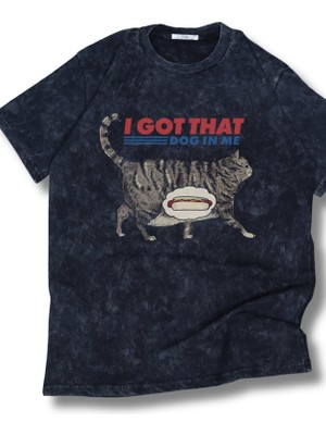 Unisex I Got That Dog In Me Yazılı Yıkamalı T-Shirt, Oversize Komik Kedi Temalı Vintage Tişört