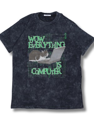 Unisex Wow Everything Is Computer Yazılı Yıkamalı T-Shirt, Oversize Yazılımcı Kedi Temalı Tişört