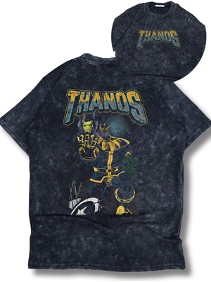 Unisex Vintage Thanos Sırt Baskılı Yıkamalı T-Shirt, Oversize Mar Vel Temalı Tişört