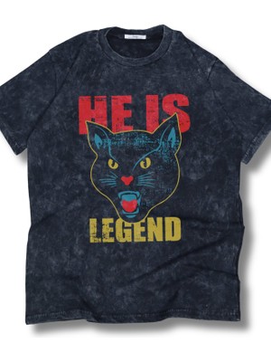 Unisex He Is Legend Yazılı Yıkamalı T-Shirt, Oversize Panter Temalı Retro Tişört
