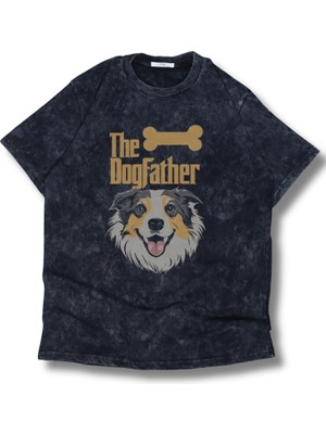 Unisex The Dogfather Yazılı Yıkamalı T-Shirt, Oversize Sevimli Köpek Temalı Retro Tişört