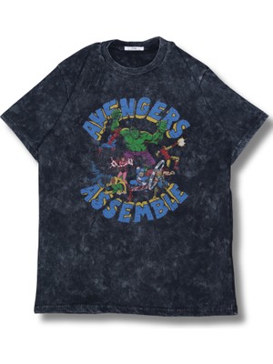 Unisex Avengers Assamble Baskılı Yıkamalı T-Shirt, Oversize Mar Vel Temalı Retro Tişört