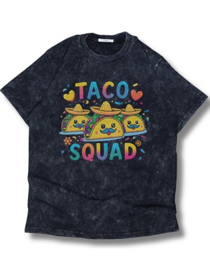Unisex Taco Squad Baskılı Yıkamalı T-Shirt, Oversize Meksika Yemek Temalı Retro Tişört