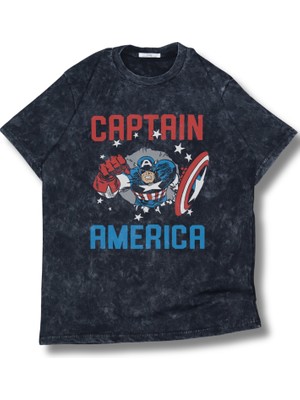Unisex Captan America Yazılı Yıkamalı T-Shirt, Oversize Mar Vel Temalı Vintage Tişört