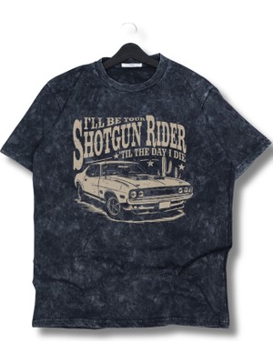 Unisex Shotgun Rider Baskılı Yıkamalı T-Shirt, Oversize Klasik Araba Temalı Retro Tişört