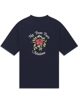 100% Pamuklu, Ribanalı Lacivert 'slogan Fleurs' T-Shirt - Rahat ve Şık Tasarım