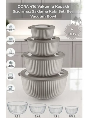 Online Home Market Deyhome Dora 4'lü Vakumlu Kapaklı  Sızdırmaz Saklama Kabı Seti (500ML,1300ML, 2600ML, 4200ML)