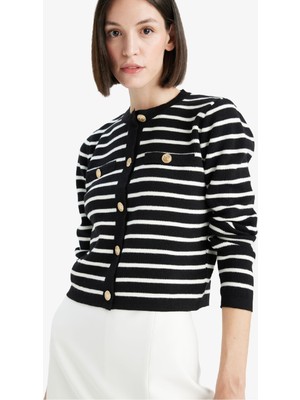 DeFacto Regular Fit Bisiklet Yaka Çizgili Düğmeli Triko Hırka D3307AX25AU