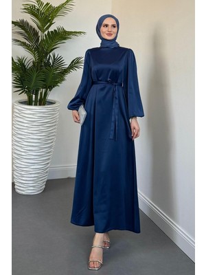 Dimitra Balon Kol Saten Elbise Indigo