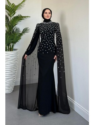 Flow Taşlı Pelerinli Abiye Siyah