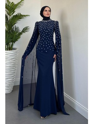 Flow Taşlı Pelerinli Abiye Lacivert