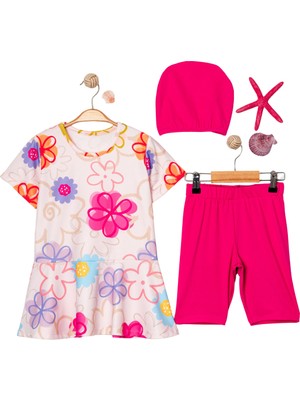 Kız Çocuk Volan Etekli Çiçek Desenli Boneli Üçlü Mayo Set